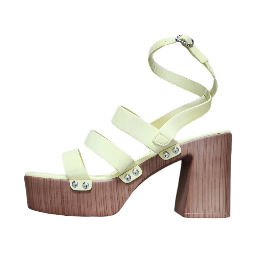 Forever 21 Strappy Block Heel Platform Sandals Size 9 Yellow Ankle Strap Light.